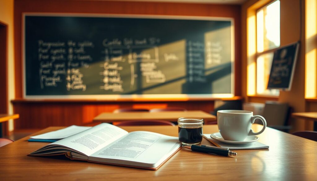 A well-lit classroom setting, with a large chalkboard or whiteboard in the background. In the foreground, a student's desk with an open notebook, a pen, and a cup of coffee. The desk is arranged in a logical, organized manner, showcasing the benefits of the Cornell note-taking method. The lighting is warm and inviting, creating a productive and focused atmosphere. The room is filled with natural light, perhaps through large windows on the side. The overall scene conveys the advantages of the Cornell method, such as improved retention, efficient organization, and a structured approach to note-taking.