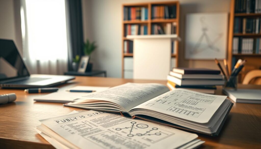 A well-organized office workspace with a laptop, books, and stationery on a wooden desk, bathed in warm, directional lighting. In the foreground, a stack of papers and open notebooks showcasing handwritten notes and diagrams, representing the meticulously prepared material for an engaging public speaking presentation. In the middle ground, a simple, minimalist lectern, conveying a sense of professionalism and command of the subject matter. The background features a bookshelf filled with relevant resources, hinting at the depth of knowledge and research that has gone into mastering the content. The overall scene radiates a focused, contemplative atmosphere, embodying the importance of thorough preparation for an impactful public speaking performance.