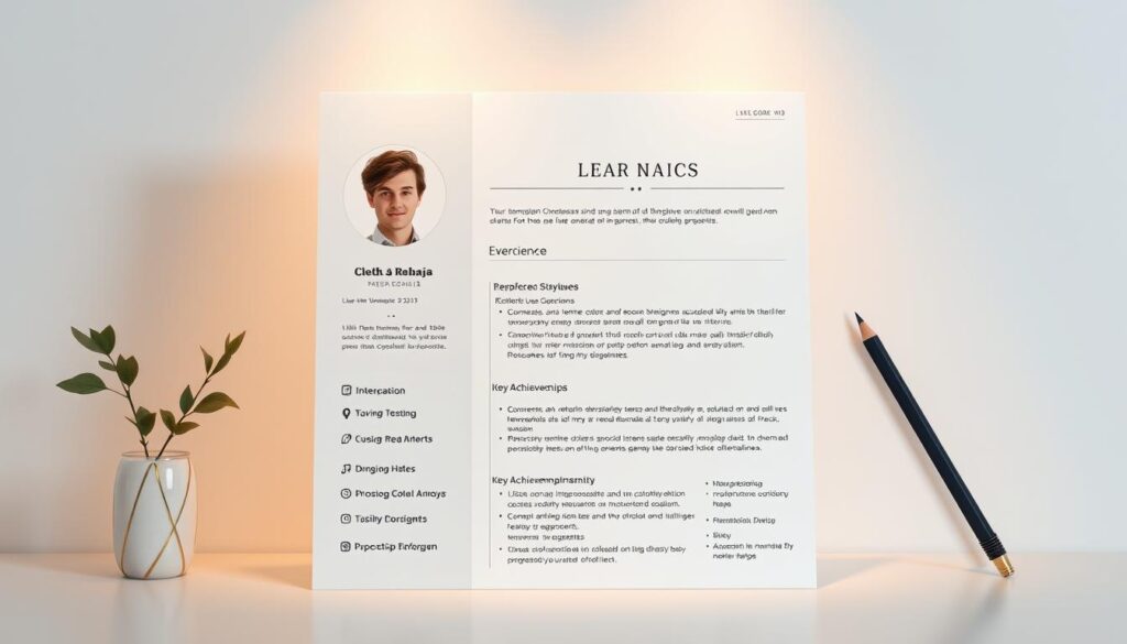 An attractive, well-designed curriculum vitae (CV) showcasing a fresh graduate's skills and experience, set against a clean, minimalist background. The CV features a professional headshot, neatly organized sections highlighting education, internships, and key achievements, with elegant typography and a visually appealing layout. Soft lighting creates a warm, inviting atmosphere, while a subtle grid-like pattern in the background adds a touch of sophistication. The overall impression is one of a polished, modern, and impactful personal branding presentation.