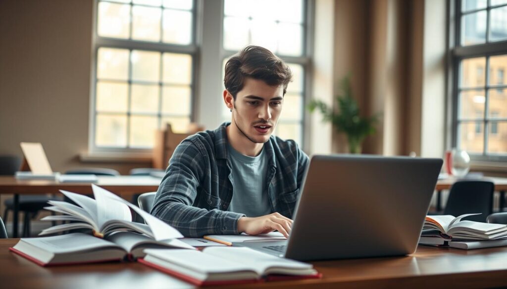 a college student sitting at a desk, intently focused on their laptop, surrounded by open textbooks and notes, creating a sense of active, engaged learning; the room is well-lit with warm, natural light filtering through large windows, creating a cozy, productive atmosphere; the student's posture and facial expression convey a sense of determination and intellectual curiosity; the background is blurred, keeping the focus on the student and their learning materials.