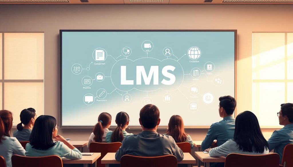 a highly detailed digital illustration of the benefits of using a learning management system (LMS) in education, set against a peaceful and serene classroom environment. In the foreground, a group of students are engaged in collaborative learning activities, their faces expressing a sense of focus and engagement. In the middle ground, a large, state-of-the-art interactive whiteboard displays various icons and graphics representing the key features and functionalities of an LMS, such as course management, assessment tools, and communication channels. The background is filled with a warm, diffused lighting that creates a calming and productive atmosphere, conveying the idea of a well-designed and technology-enhanced learning space.