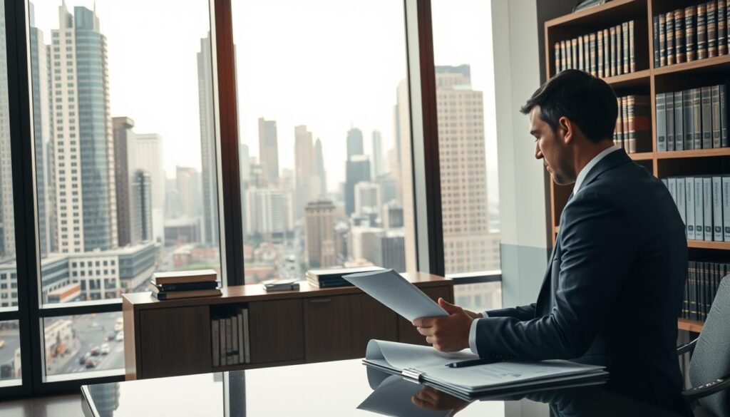 A well-lit office scene depicting the world of banking and taxation. In the foreground, a banker in a crisp suit reviews financial documents at a sleek, modern desk. Behind them, a floor-to-ceiling window overlooks a bustling cityscape of skyscrapers and busy streets. The middle ground features a bookshelf filled with finance and tax law texts, underscoring the technical expertise required in these fields. Soft, directional lighting casts an aura of professionalism and precision, complementing the serious yet dynamic atmosphere. The composition emphasizes the close relationship between the banking, financial, and taxation sectors, reflecting their integral role in the business world.