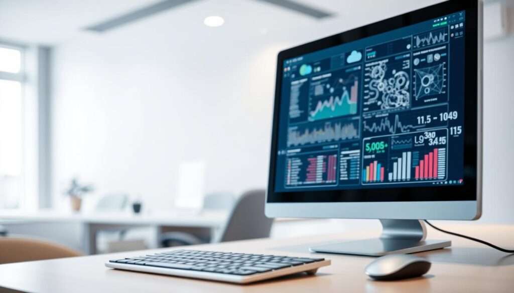 Sistem informasi, a harmonious blend of data, technology, and business processes. In the foreground, a sleek, modern desktop computer displays intricate schematics and visualizations, reflecting the intersection of accounting and information systems. The middle ground features a keyboard and mouse, symbolic of the user interaction at the heart of this field. The background showcases a serene, minimalist office setting, with clean lines and neutral tones, conveying the precision and efficiency inherent in the management of information. Soft, directional lighting accentuates the clean, professional aesthetic, while a shallow depth of field draws the viewer's focus to the central elements. This image aims to capture the essence of the synergy between accounting and information systems, a powerful partnership that bridges the realms of data and decision-making.